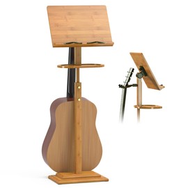 Bamboo Folding Music Stand With Tray Guitar Clip, Wooden Sheet Music Organizer Height Adjustable 39.37''-51.2'' for Conductor, Lectern, Violin, Piano, Ukulele Players