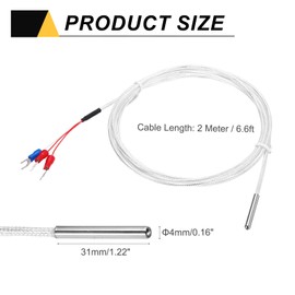 sourcing map RTD PT100 Temperature Sensor Probe, -50℃ to 200℃ Temperature Controller Stainless Steel Thermocouple Waterproof with 3 Wire Terminal, 6.6ft