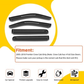 PLDDE 4pcs Compatible with Sun/Rain Guard 2005-2018 Frontier Crew Cab with 4 Full Size Doors Front+Rear Smoke Outside Mount Tape-On Window Visors