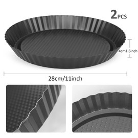 WENLISELL 2 PCS 28cm Round Non-Stick Quiche Dish for The Oven, 11 inch Carbon Steel Large Fluted Flan Tin Quiche Tin for Baking Tarts, Flans, Quiche