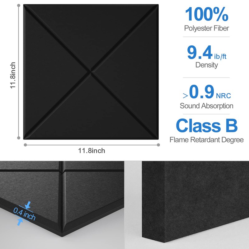 Sonicism 12 Pack X-Lined Acoustic Panels with Self-Adhesive, 12" X