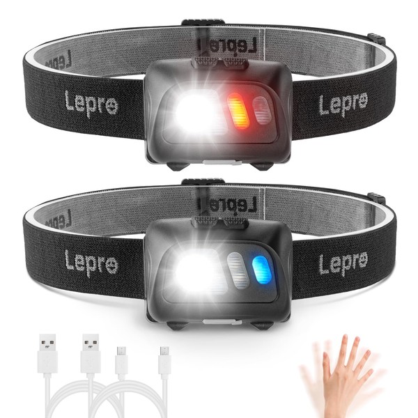 Lepro Head Torch Rechargeable, [2 Pack] Super Bright Led Headlamp with Motion Sensor, Long Runtime, 5 Lighting Modes, Red Lights, Waterproof Lightweight Headlight for Running Camping