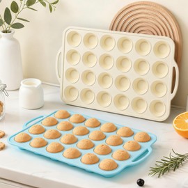 Silicone Mini Muffin Pan with Frame: Nonstick 24 Muffin Tins for Easy Release Baking Egg Bites & Small Cups English mcmuffin - 2-Pack BPA Free Cupcake Pan Oven Safe Molds for Family and Home Bakers