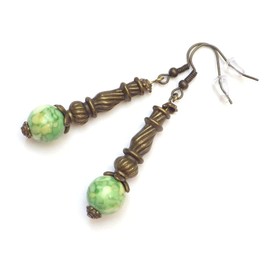 Dangling earrings with tube beads and tinted jade in green and yellow