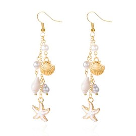 Sea Star Shell Pearl Earrings for Women Summer Beach Vacation Outfits Dainty Bohemia Beachy Shells Pendant Earring Starfish Fashion Jewelry Present (White)