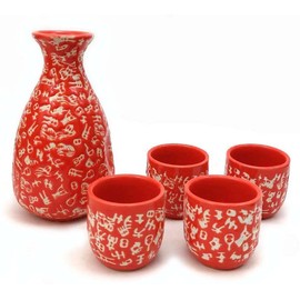 JapanBargain, Porcelain Sake Set Sake Bottle and Sake Cups Saki Set, Microwave Safe, 9.5 oz (Red-Calligraphy)