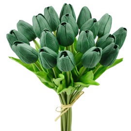 Mandys - Arreglo de Tulipanes Artificiales Verde Oscuro, 34.3 cm de talla natural, tallos florales de PU falsos 20 piezas para isla de cocina y mesa  