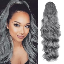 KETHBE 24 Inch Long Body Wave Ponytail hair Extension Synthetic Heat Resistant Wrap Around Drawstring Curly Wavy Ponytail Hairpieces for Women(Silver Grey)