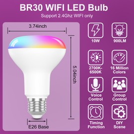 HYDONG Smart Light Bulbs，BR30 Smart Bulbs Compatible with Alexa，Flood Light Bulbs 10W 900LM,RGBCW Color Changing Light Bulb，2.4Ghz WiFi Bulb,APP Dimmable E26 Base,4Pack