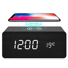 Jarttarn fomobest Wooden Alarm Clock with Wireless Charging, Wood Digital LED Desk Clock for Bedroom, 3 Alarm Settings, Sound Control, Adjustable Brightness, Time Temperature