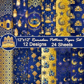 sorkwo 24 Sheets Ramadan Pattern Paper Set, 12"x12" Eid Patterned Cardstock Paper Muslim Scrapbooking Supplies Paper Castle Star Moon Origami Paper - 12 Styles