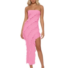 HOCILLE Women's Sexy Strapless Tube Bodycon Ruffle Split Maxi Long Cocktail Party Dresses, Small, Pink