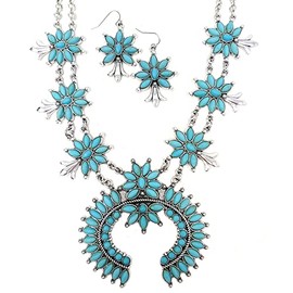Emulily Chunky Western Squash Blossom Statement Necklace and Earrings Set Navajo Necklace (Turquoise)