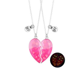 Elefezar Best Friends Necklaces for 2, Heart Broken Luminous Pendant BFF Glow In the Dark Friendship Jewelry 2PCS Pink