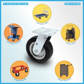 IconCasterWheels 6 x 2” Air Free/Flat Free Industrial Swivel Caster| Top Plate 4 x 4.5” | Non-Marking Flat Free Wheel | Load Capacity 250 per Caster | Listing is for One Caster