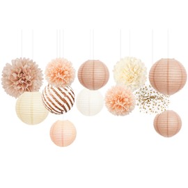 NICROHOME EUR Wedding Party Decorations, 12 PCS Creamy White Tissue Paper Pom Poms and Lanterns Set, Champagne Paper Flowers for Engagement Receptions, Boho Bridal Showers Party Supplies