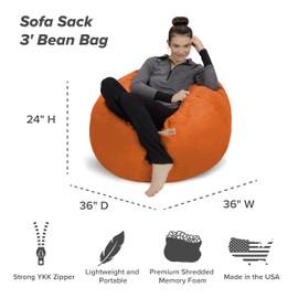 Sofa Sack Bean Bag Chair - Plush, Ultra Soft - Memory Foam Bean Bag Chair with Microsuede Cover - Stuffed Foam Filled Furniture and Accessories for Dorm Room 3 Feet - Tangerine