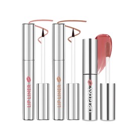 Peel Off Tattoo Lip Liner Stain Lip Gloss Combo Sets, 2 Colors Rose Pink Brown Matte Lip Liner and Nourishing Lip Gloss Tint Stain Kit, Long Lasting Waterproof Non Sticky Liquid Lipstick Makeup-Set 03