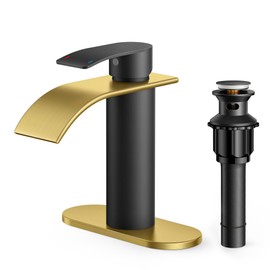 FORIOUS Waterfall Bathroom Faucets 1 or 3 Hole, Black and Gold Single Handle Bathroom Sink Faucet with Metal Pop up Drain and Supply Hoses, Lead-Free Faucet for Bathroom Sink, Vanity