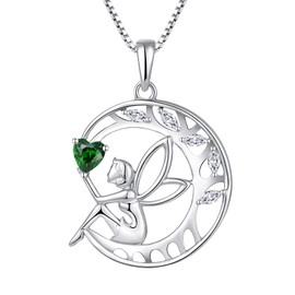 FJ Guardian Angel Necklace 925 Sterling Silver Tree of Life Pendant Necklace Fairy Moon Necklace with May Birthstone Emerald Jewellery Gifts for Women Girls