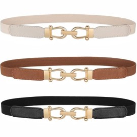 flintronic Women's Thin Elastic Belt, Elastic Waist Belt, Women's Thin Elastic Waist Belt, Stretch Waist Belt with Golden Buckle, Slim Waist Belt, Thin Belt, Black+Camel+White(for waist size 26-39