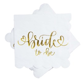 P.G Collin White and Gold Bride to Be Scalloped Napkins, Disposable 2-Ply Paper Sets for Bridal Shower, Bachelorette, Engagement, and Wedding Party Decorations - 50 Pack