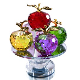 HDCRYSTALGIFTS 5 Inch Faceted Crystal Apple Figurines in 5 Colours, Glass Apple Statue, Collectibles with Rotating Base for Home Table Decoration