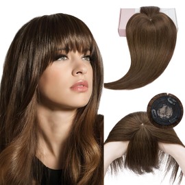 Elailite Women's Topper Hairpiece, Real Hair Topper with Fringe, 25 cm, 32 g, Clip-In Extensions, 150% Density, Remy, Straight, 10 Inches, #04 Medium Brown