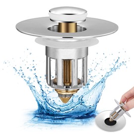 IKnhong Bathroom Sink Drain Stopper, Pop Up Drain Stopper for Bathroom Sink with Anti-Clogging Filter Basket, 2 in 1 Brass Sink Drain Plug Strainer Universal for 1.02-1.96 in Basin Drain Holes