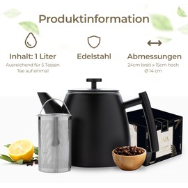 Vaja Trends Double-walled teapot, insulated and drip-free, stainless steel, matte black, 1 litre, includes tea strainer, long-lasting warmth