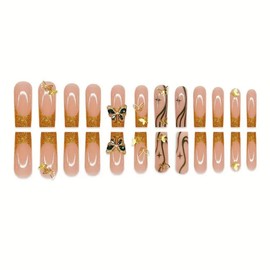 Gold Glitter French Tips Press on Nails Long Square Fake Nails with 3D Gold Butterfly Designs Green Rhinestone False Nails Glossy Handmade Stick on Nails Curve Glue on Nails for Women Manicure 24Pcs
