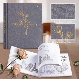 Lanpn Travel Photo Journal Notebook for Women Men, Linen Travel Log Diary Scrapbook Memory Book with Prompts, Anniversary Journals Traveling Gifts (Grey, 110 Pages)