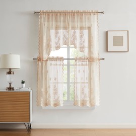 LinenZone Lace Valance and Tiers 3 Piece Lace Kitchen Curtains Set. Cute Cafe Curtains for Vintage and Farmhouse Decor are Perfect for Kitchen or Dining Room. (Flower 3 Piece Set, Linen)