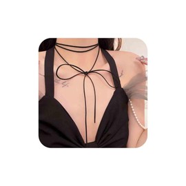 Aneneiceera Boho Layered Suede Collar Necklace Long Black Velvet Necklace Simple Black Collar Necklace Retro Velvet Tie Up Collar Necklace Chain Jewellery Women (Black), Zinc