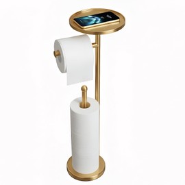 Gold Toilet Paper Holder with Shelf, Tissue Roll Holder Stand with Storage for Holding Extra 4 Toilet Paper Rolls, Stainless Steel Rustproof Freestanding (Brushed Gold)