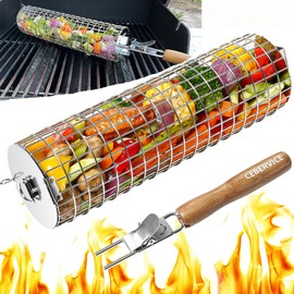 CEBERVICE Rolling Grill Basket, SUS304 Stainless Steel, Removable Wooden Handle, Round Cylinder BBQ Grilling Basket, Outdoor Cooking Griller, Smoker Accessories for Vegetable, Gifts for Men Dad