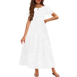 MITILLY Summer Flower Girl Dress for Wedding Formal Puff Short Sleeve A-Line Flowy Boho Maxi Dresses for Kids with Pockets 8 Years White