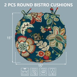LVTXIII Outdoor Fluffy Bistro Chair Cushions Patio 15-Inch Round Seat Cushions All Weather Chair Pads with Ties for Home Office and Patio Garden Furniture Use, Set of 2, Peacock Blue