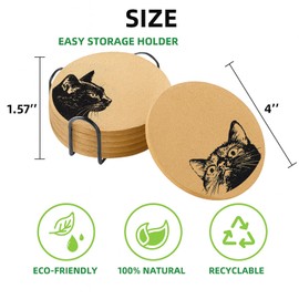 Cegkuc Coasters for Drinks with Holder Set of 6,Curious Cat Absorbent Cork cat Coaster for Cup Desk Office Table Kitchen Decor House Warming Gifts for New Home Couples, Round 4"