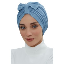 Aisha's Design - Turbante instantáneo con lazo para mujer, 95% algodón, gorra hiyab con diseño elegante, Azul, Estándar