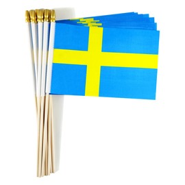 QQSD Sweden Small Flag Swedish Stick Mini Hand Held Flags - Solid Wooden Pole with Spear Top, 12 Pack