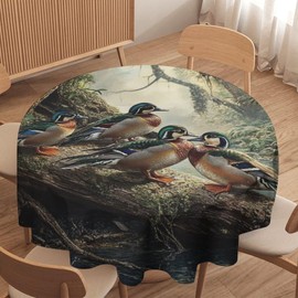 HDESDIS Jungle Mallard Duck Round Tablecloths, Woodland Tree Scenery Washable Holiday Decor Table Cover for Kitchen, Dining, Party, 70Inch