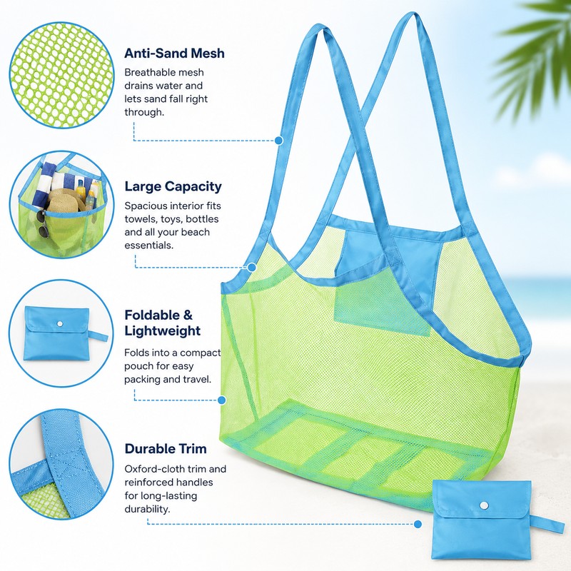Portable Mesh Beach Bag for Kids’ Toys – Anti-Sand Large-Capacity
