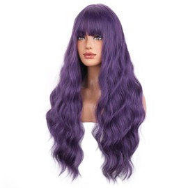 BERON Purple Long Wigs Women's Wavy Wigs with Bangs Dark Purple Curly Synthetic for Cosplay Party Wigs Wig Cap Included