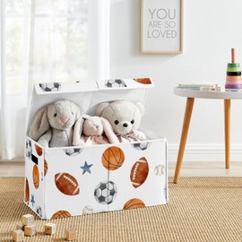 Sweet Jojo Designs Sports Theme Boy Collapsible Toy Storage Box Chest Organizer with Lid Baby Nursery Kids Childrens Room Watercolor Vintage Sport Soccer Balls Football Baseball Basketball Blue Stars