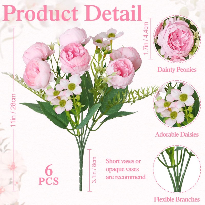 DEMIUKO 6 Bunches Peony Artificial Flowers Small Bouquets Pink Wedding