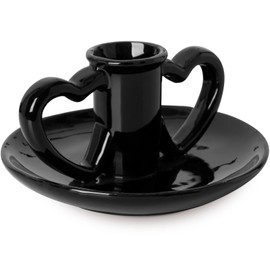 Black Candle Holder Double Heart Shaped Ceramic Candle Holder with Plate Candlestick Holders, Table Centerpiece, Wedding Reception, Festive Christmas Mantel Decoration Or Home Decor