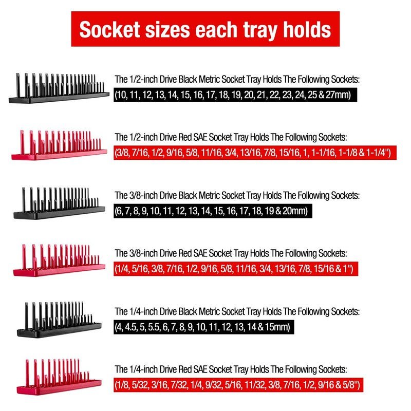 AIUITIO 6PCS Socket Organizer Tray Set, Red SAE & Black