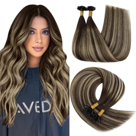 YoungSee Real Hair Bonding Extensions, Ombre Bonding Extensions, Real Hair, 1 g, 40 cm, Remy Real Hair, Brown, Ombre, Blonde with Brown, Keratin Bonding U-Tip, Hot Fusion Bonding, 50 g #4/18/4
