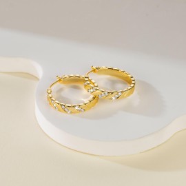 Cossa Gold Hoop Earrings 14K Gold Earrings for Women Trendy Diagonal Texture with Spaced Shimmering Cubic Zirconia Dainty CZ Earring for Women 22mm